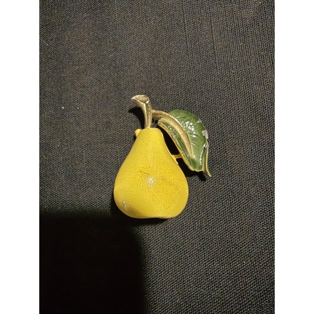 Vintage Enamel Pear Clip Brooch 1950s Figural Fruit Jewelry Gold Tone & Pearl